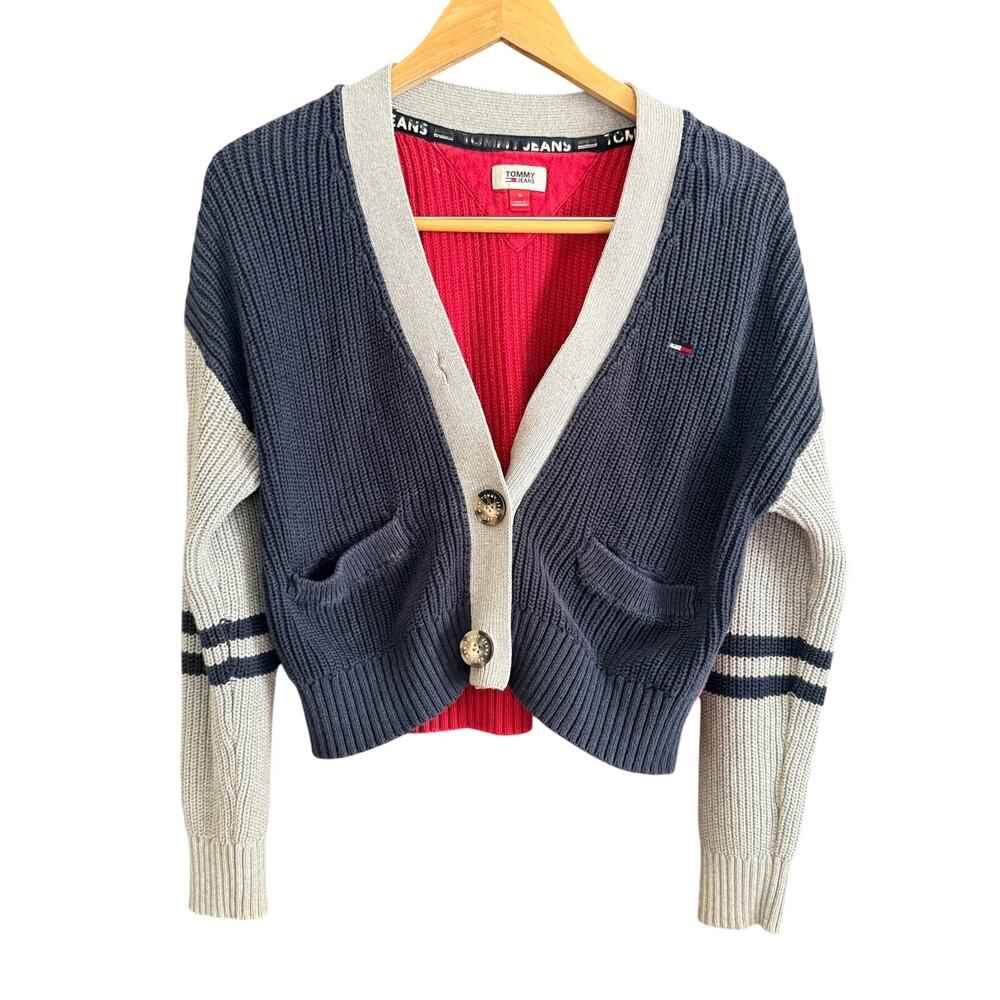 90s Vintage | Tommy Jeans Blue Red and Gray Color block Cropped Cardigan Medium